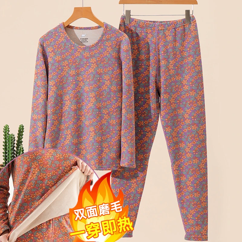 中老年大码印花加厚保暖内衣套装女半高领宽松秋冬老人加绒妈妈装