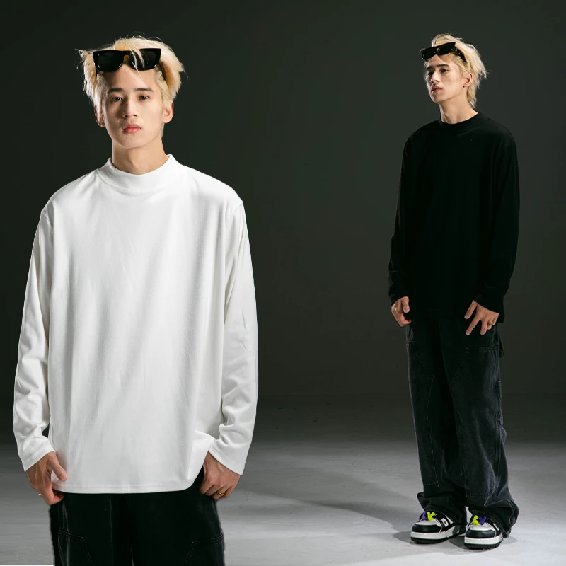 聪明陈 日系简约设计感圆领长袖T恤百搭打底衫男休闲宽