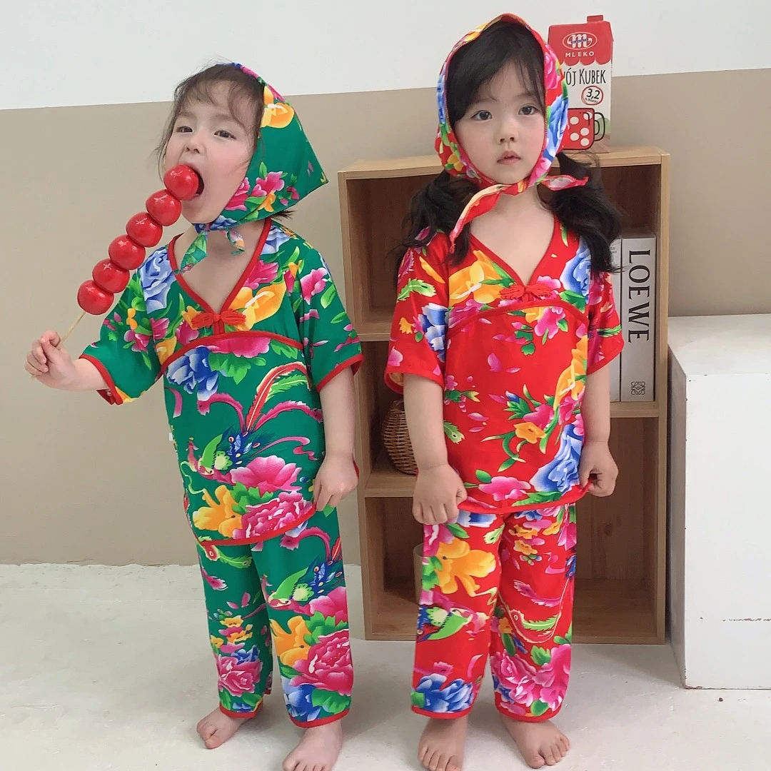 儿童东北花宝宝可爱土萌背心套装棉绸短袖7分裤套装空调服