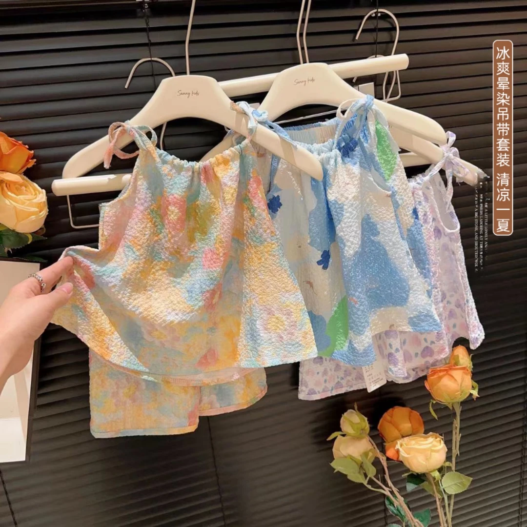 夏季新款晕染油画风女童夏季套装洋气吊带裙裤网红女宝宝两件套