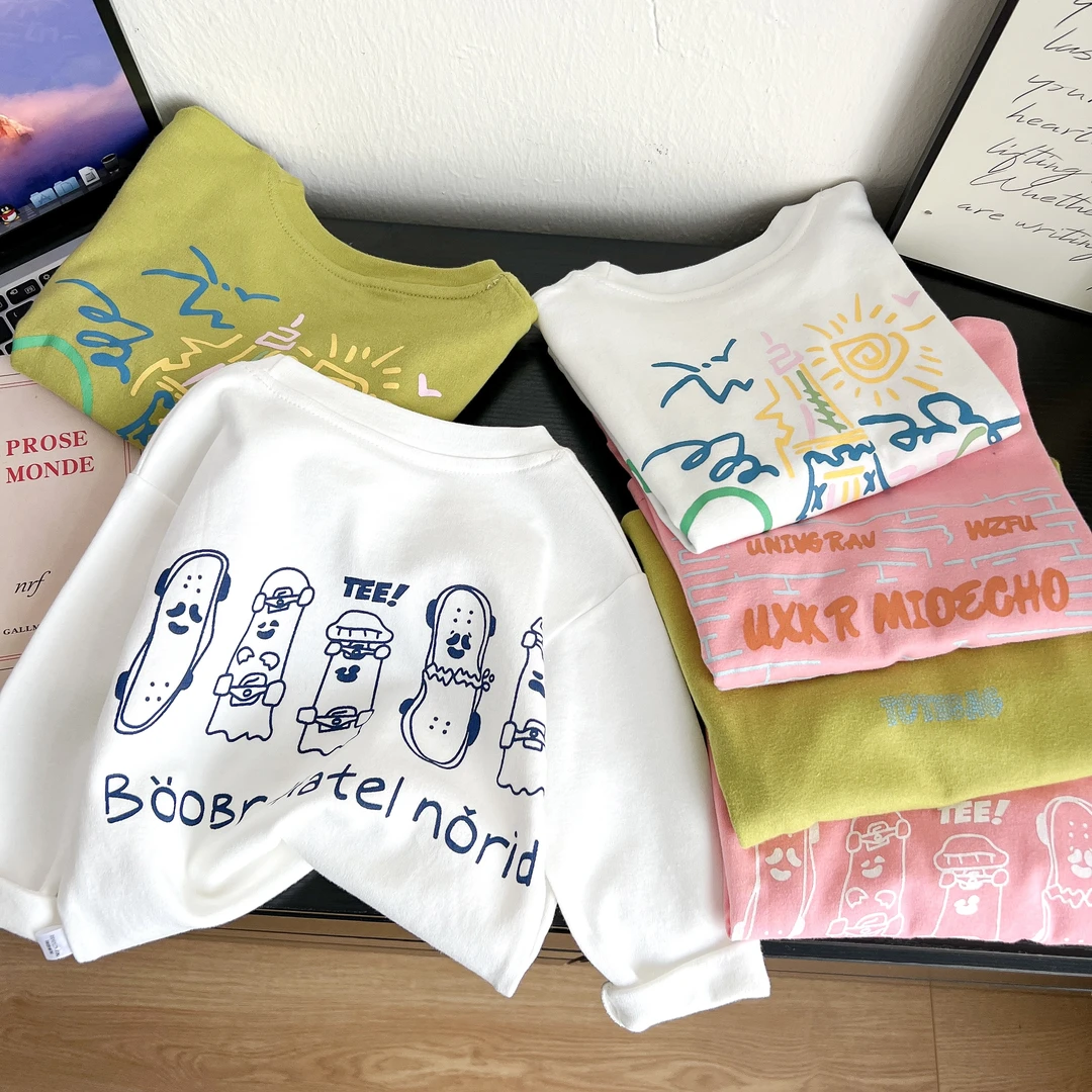 儿童纯棉长袖T恤2024春季新款男女童韩版宽松印花上衣宝宝打底衫