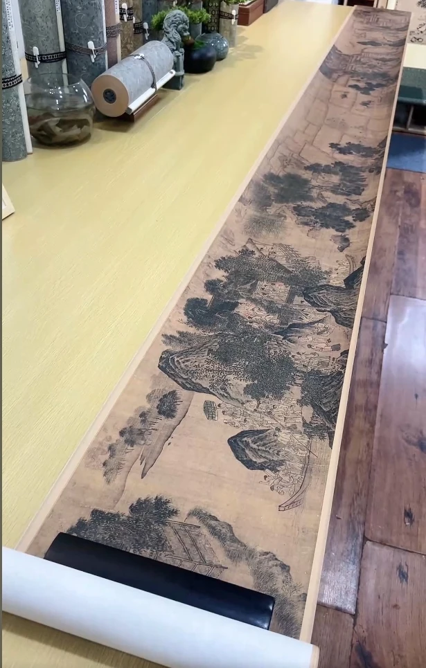 唐李思训耕渔图卷山水人物525.2x27.8cm -CJ台北故宫国画复仿