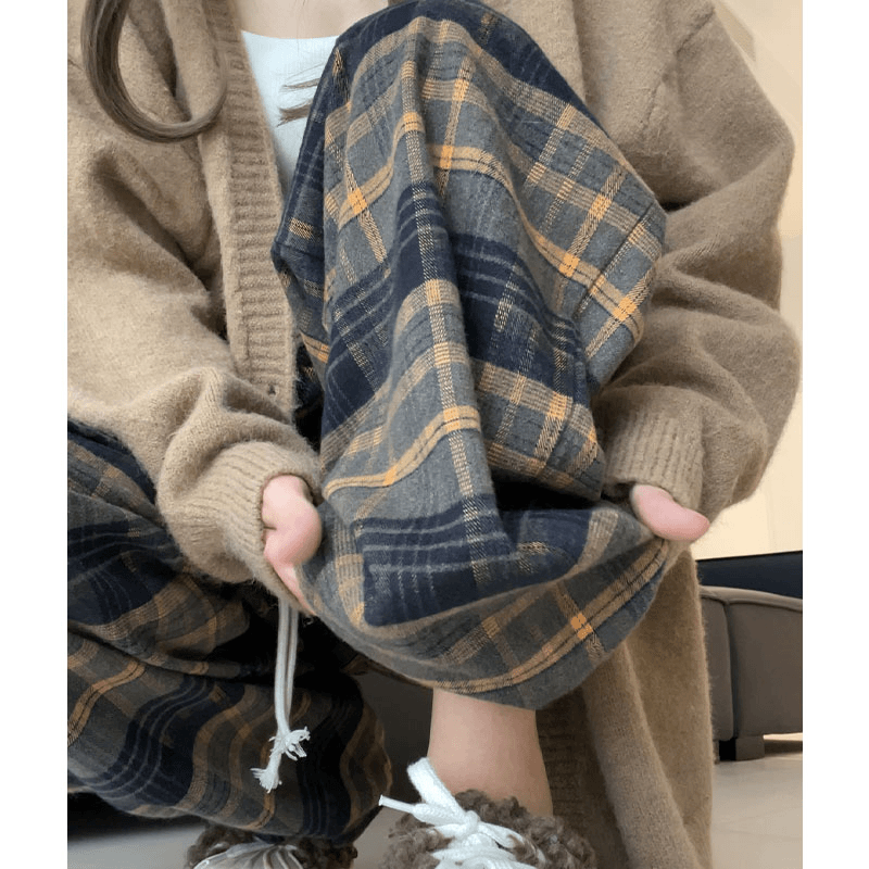 【小扬哥推荐】黄色格子裤子女秋冬2023新款高腰垂感休闲显瘦复古