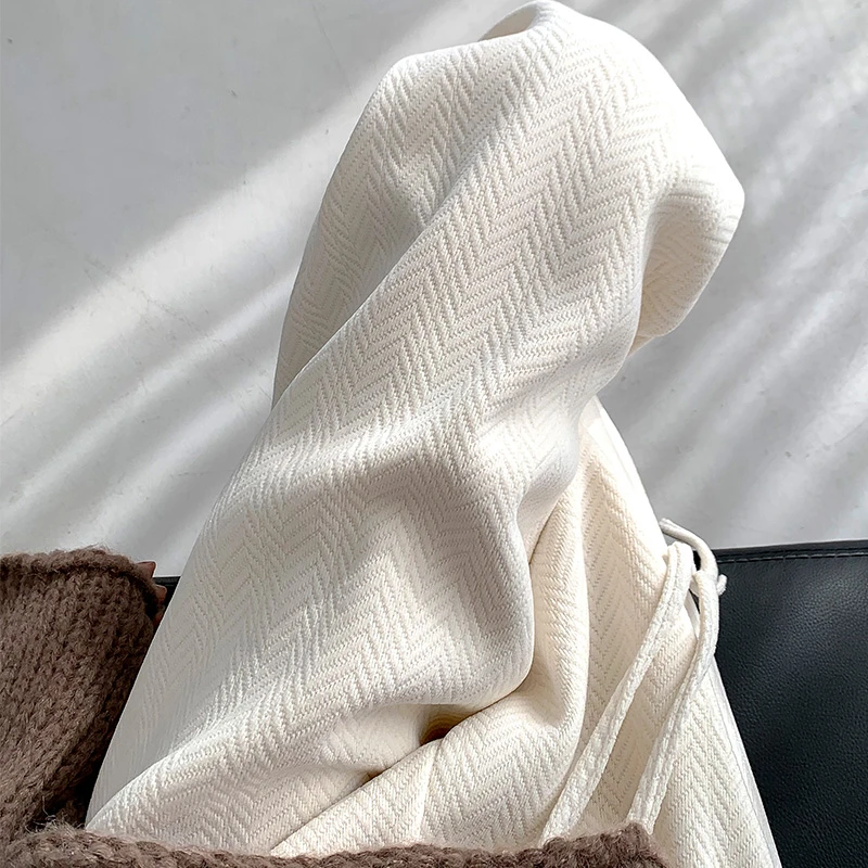 人字纹阔腿裤女2024春季新款韩系高腰垂感休闲加绒白色直筒裤