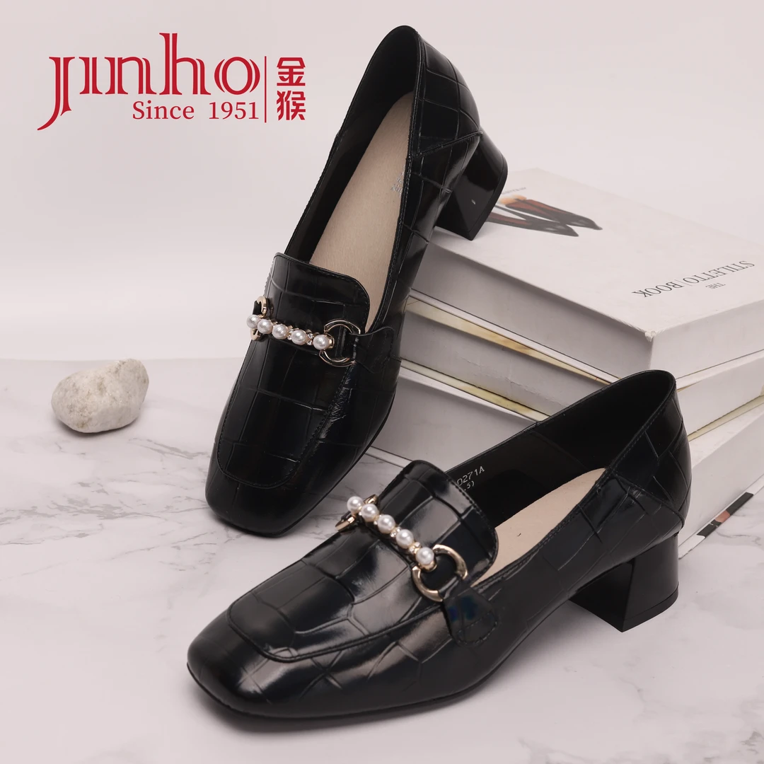 Jinho/金猴乐福鞋女士时尚百搭真皮低帮粗跟英伦风方头中跟580271