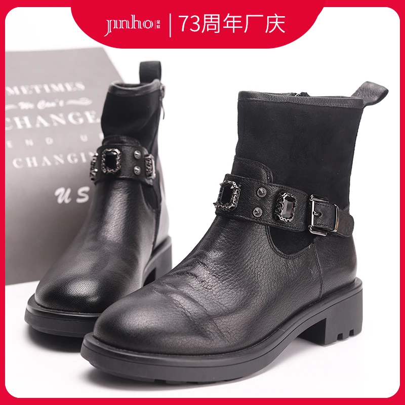 Jinho/金猴舒适时尚百搭方跟女靴短筒圆头秋冬女鞋，481210A