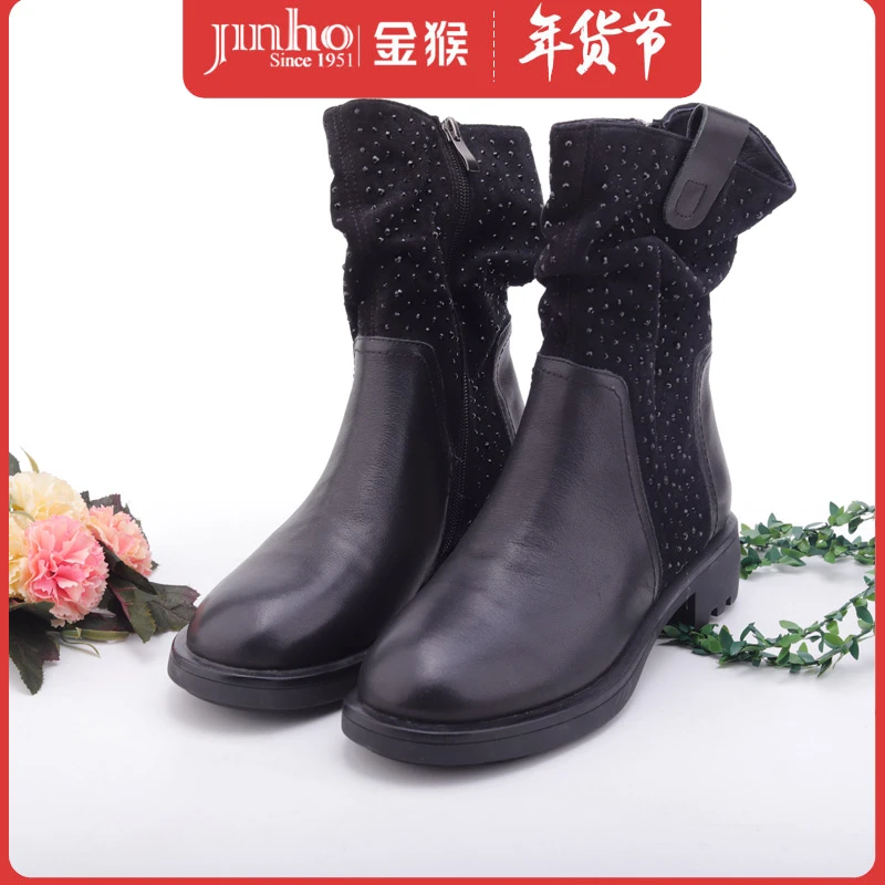 时尚舒适中筒女靴方跟圆头英伦女鞋，481240A