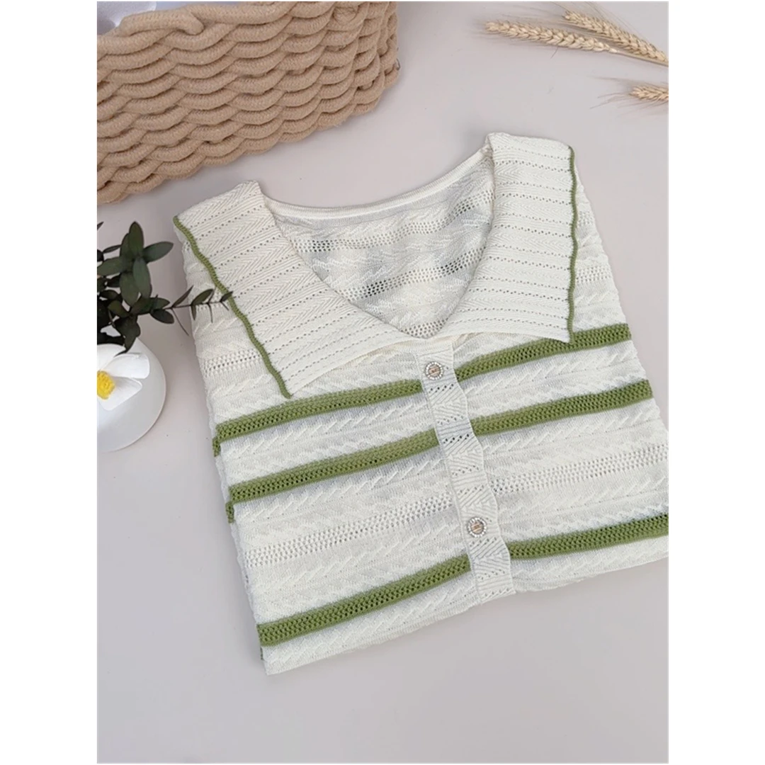 条纹短袖针织衫女宽松洋气上衣