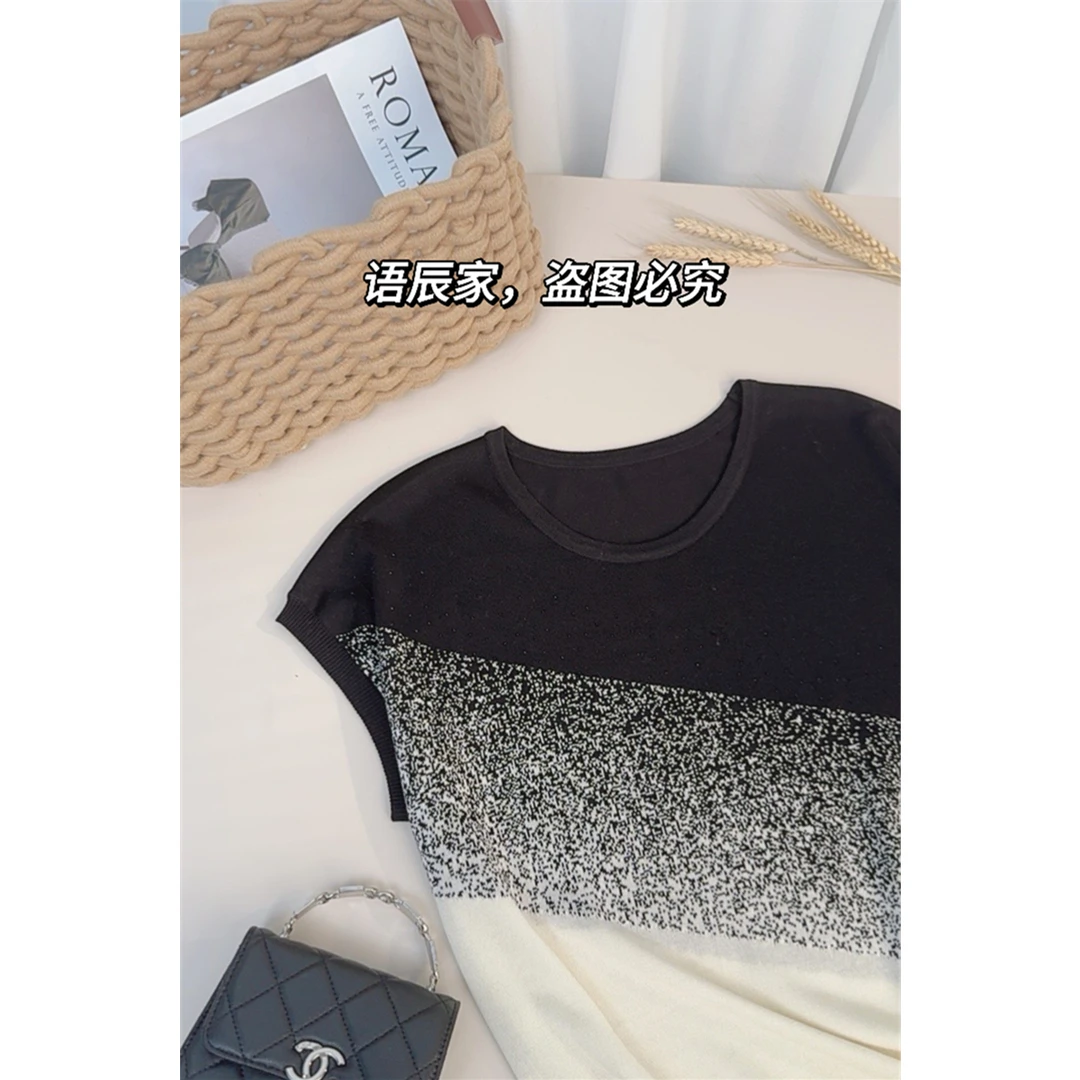 拼色设计感洋气时尚宽松显瘦气质针织衫女短袖上衣 KY7316