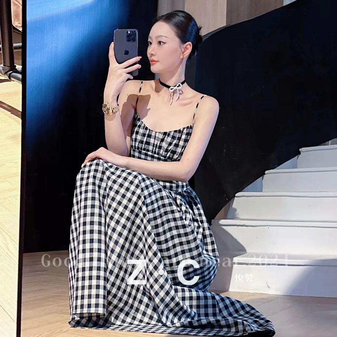 【黑白格】 A-01562高端气质名媛女神范经典格子修身连衣裙