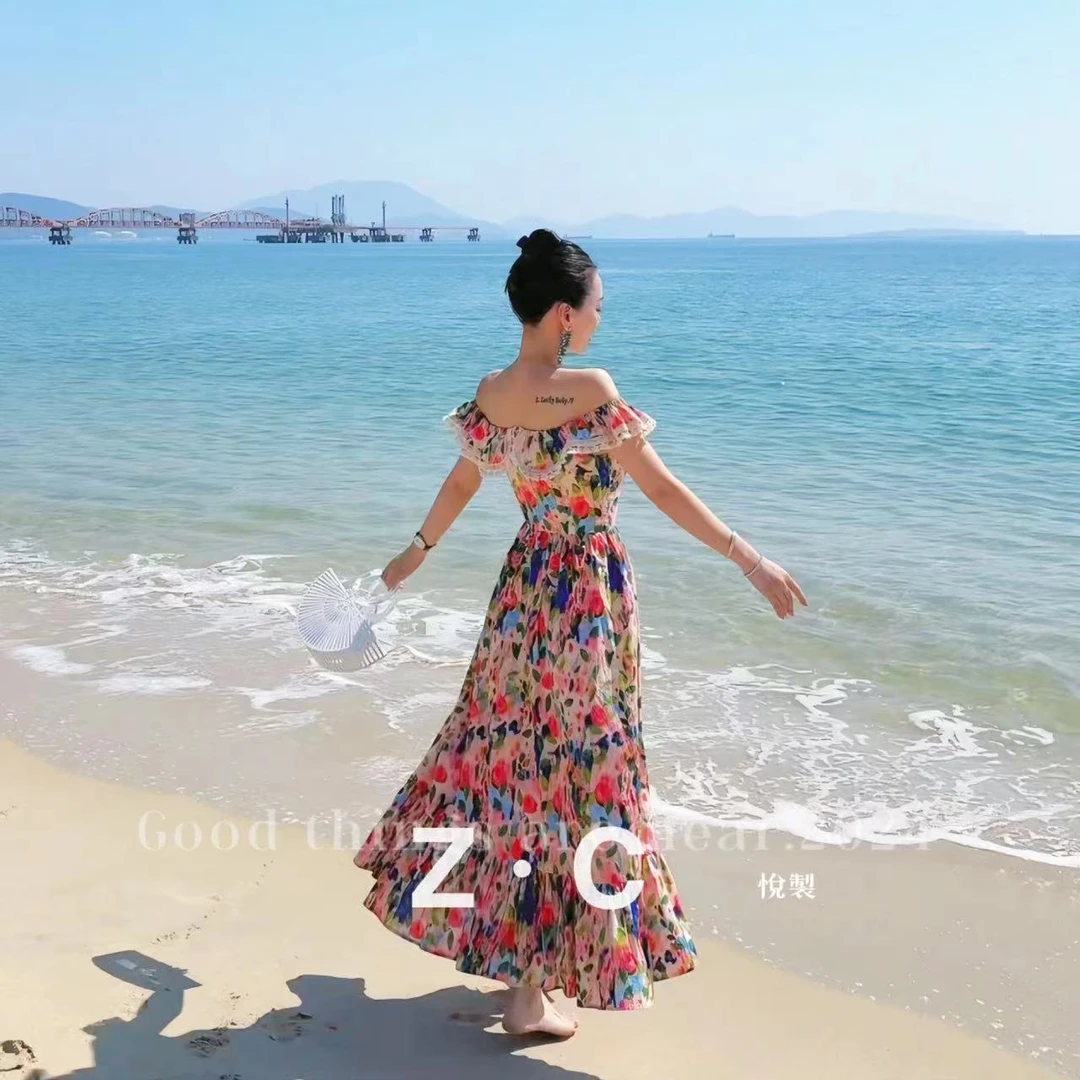 程悦夫妇【莫奈花园.】A-01515减龄夏季沙滩洋气时尚碎花连衣裙