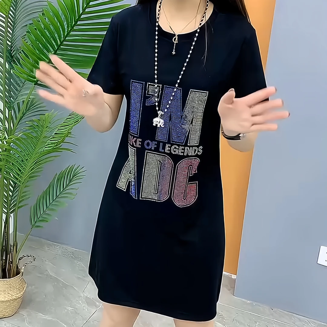 新款彩钻百搭休闲裙连衣裙减龄连衣裙气质洋气渐变丁达尔风