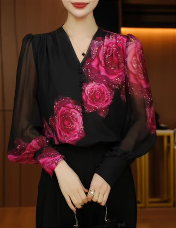 诺诗 夏季新款洋气宽松显瘦优雅轻奢气质印花百搭V领长袖S24H197