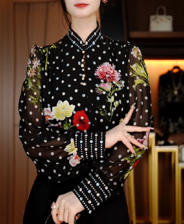 诺诗 新款洋气宽松显瘦优雅轻奢气质印花百搭小衫V24Z295