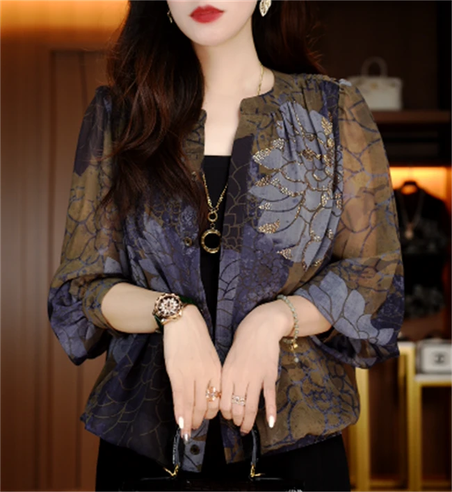 诺诗 新款洋气宽松显瘦优雅轻奢气质印花百搭小衫V24G155