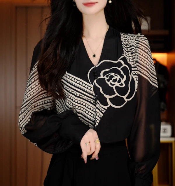 诺诗 新款洋气显瘦优雅轻奢气质印花百搭V领长袖V24Q404