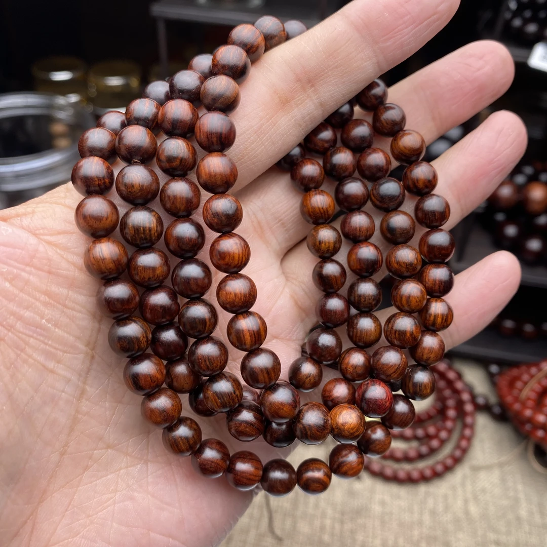 原汁原味0.8cm海南黄花梨108颗老油梨无胶无油无腊文玩手串多圈