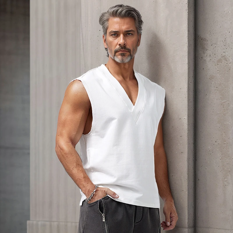 背心男款爆款2024新款大V领无袖T恤宽松运动健身砍袖棉夏季坎肩潮