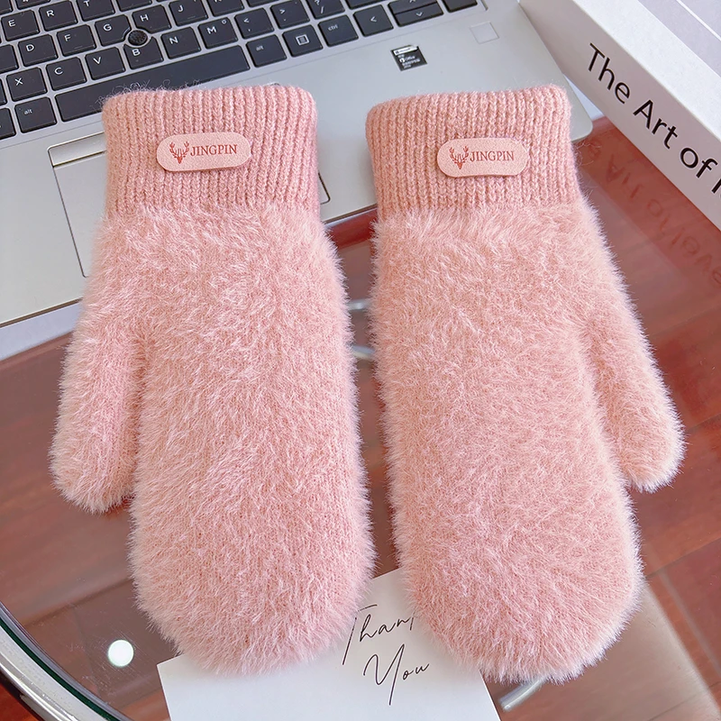 手套女士百搭新款毛绒加绒加厚双层全包连指套成人秋冬季保暖防寒