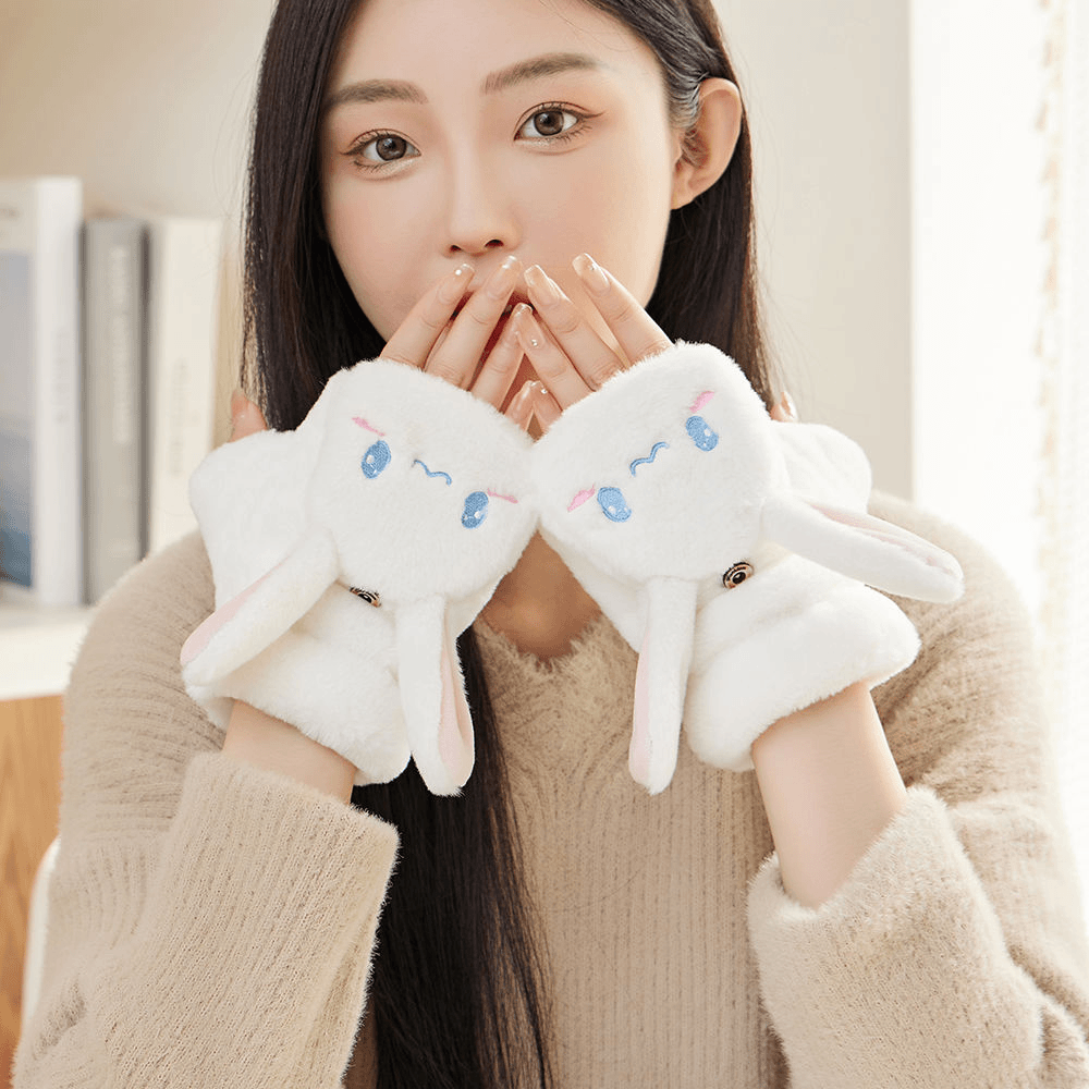 秋冬保暖加绒卡通兔子半指翻盖两用写字学生户外骑行车防寒加绒女