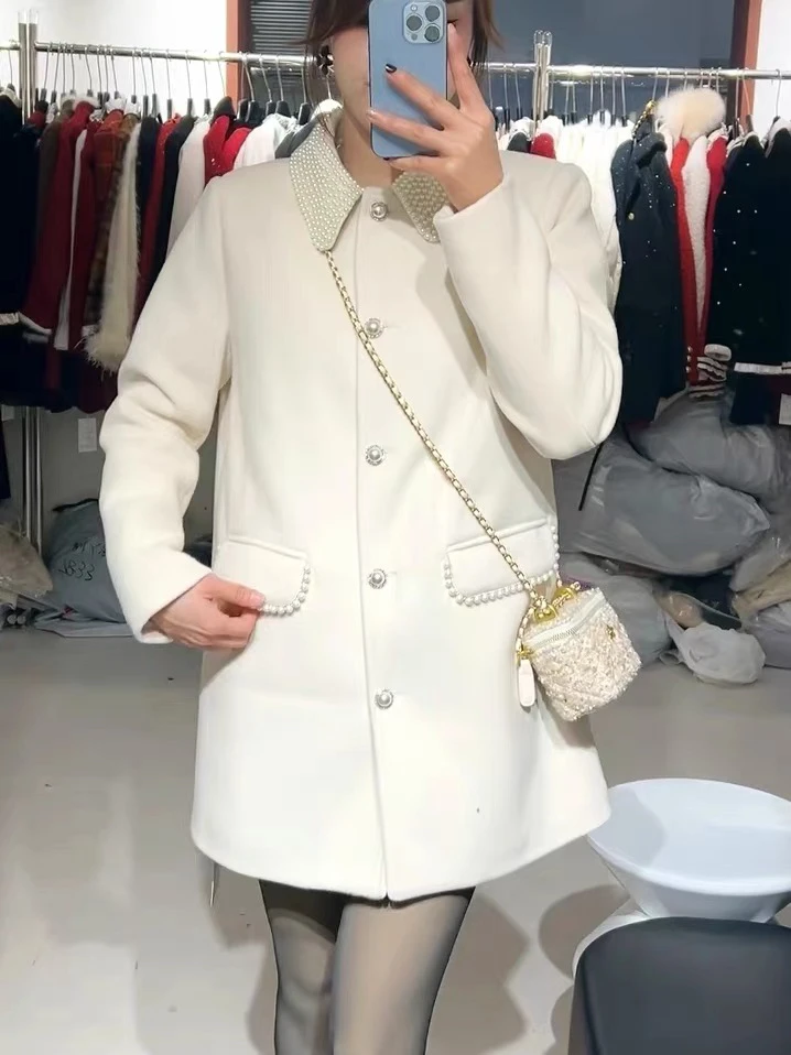 小香风白色秋冬女装轻奢百搭中长款翻领