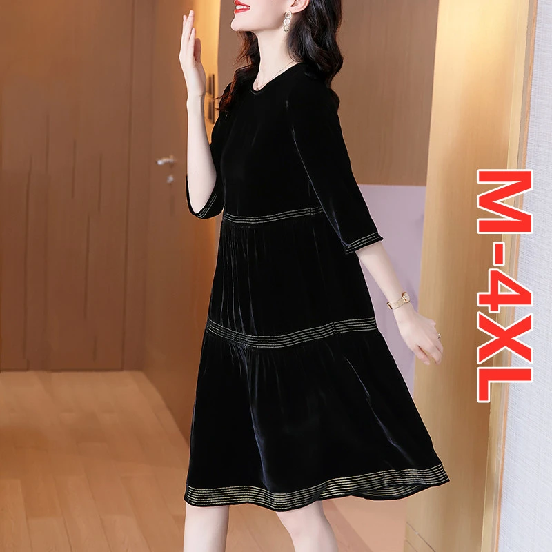 L-5XL KRN6569 金丝绒秋装新款气质黑色冬季打底裙子黑色裙子