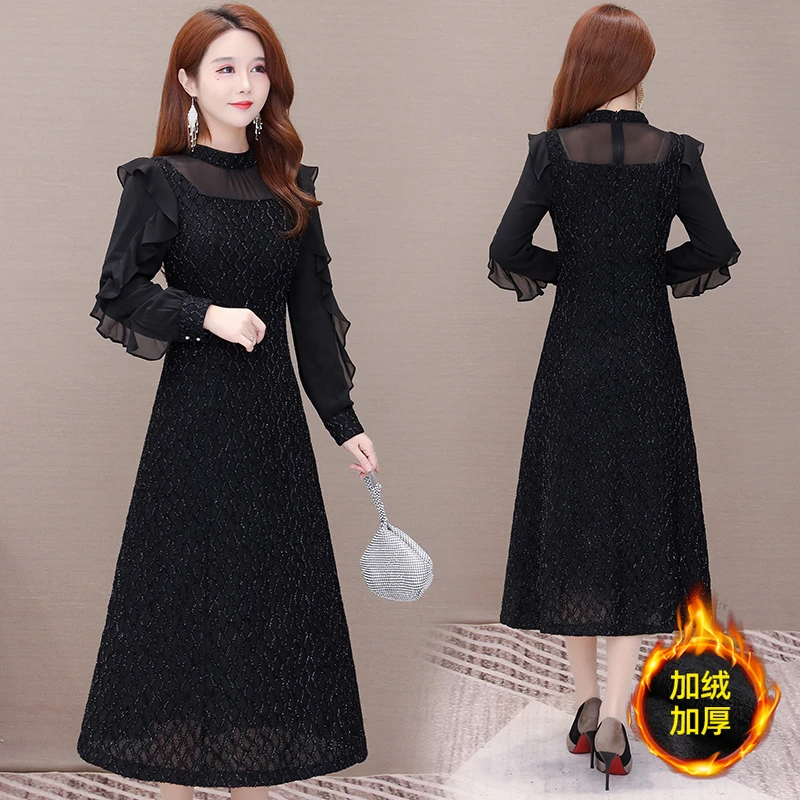 M-4XL KRN8802 春秋新款长袖拼接气质时尚洋气飞飞袖赫本风小黑裙