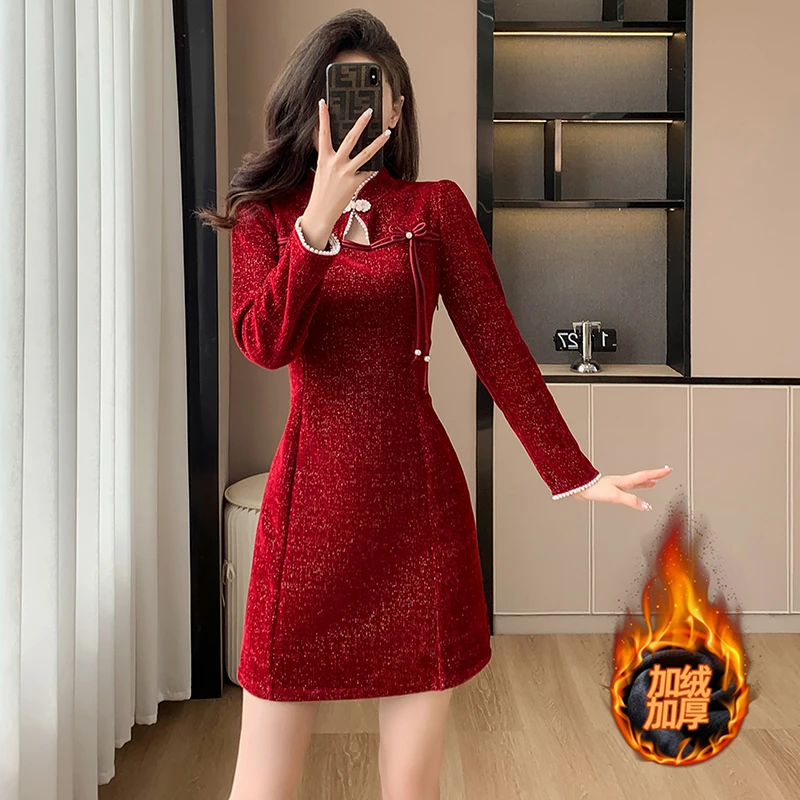 加绒加厚秋冬新中式改良复古时尚盘扣珍珠时尚修身连衣裙气质裙子