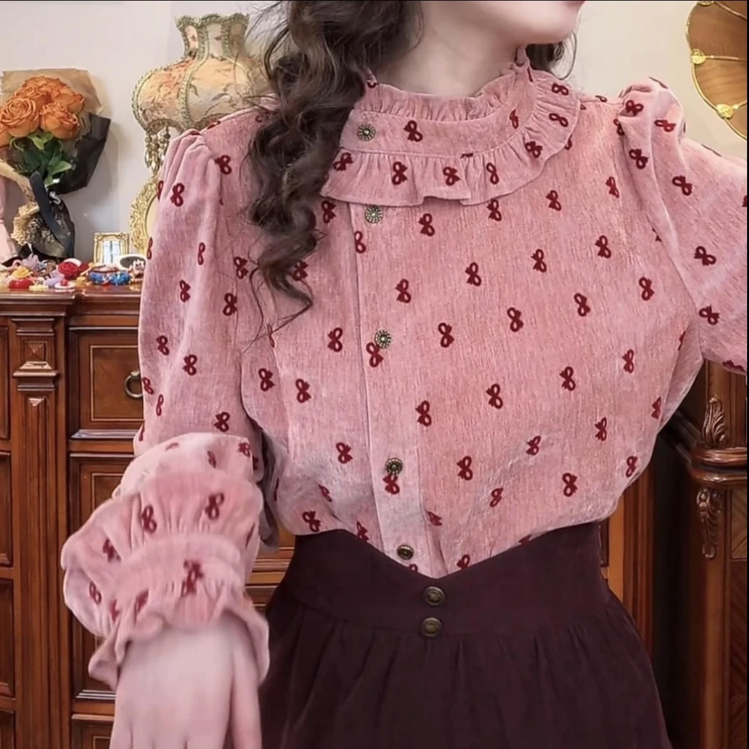 港风复古别致斜襟温柔蝴蝶结衬衫女秋冬加绒加厚衬衣通勤百搭上衣