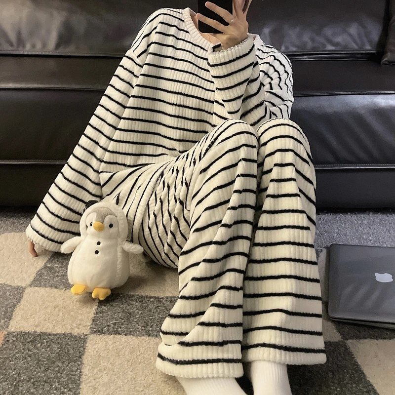 大码200斤男女情侣睡衣冬珊瑚绒保暖套头休闲胖mm穿搭家居服套装