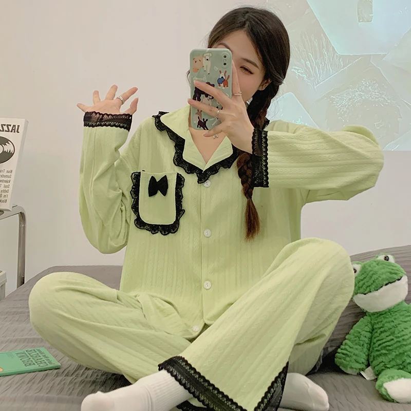 220斤胖妹妹提花棉睡衣女2024春秋甜美开衫吸汗加大码家居服套装