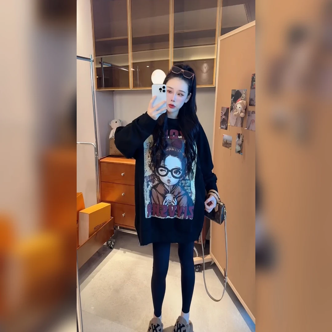 冬季加绒新款时尚宽松中长款前后印花长袖圆领加绒卫衣