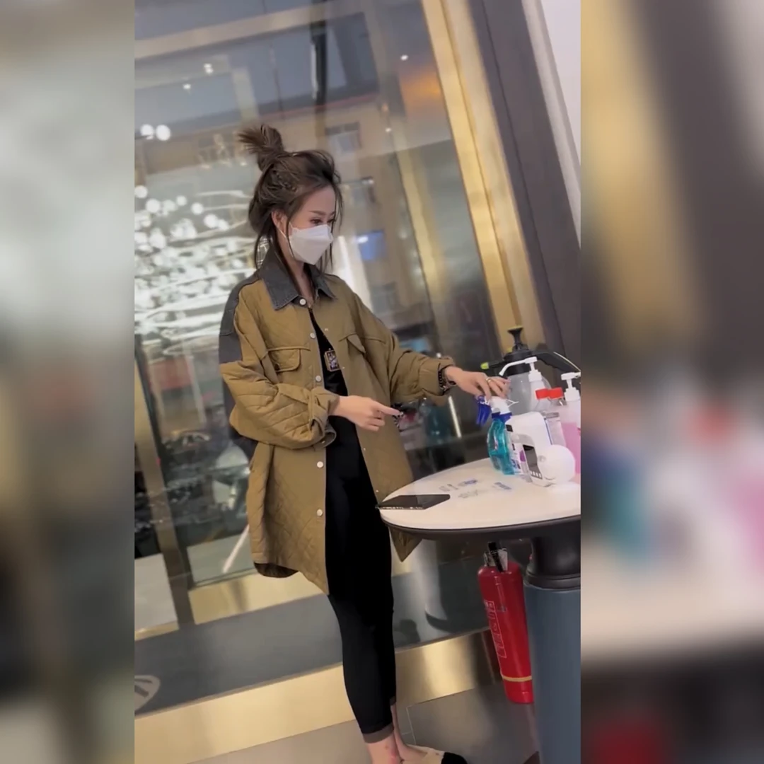 欧货压格拼接长袖时尚气质休闲百搭显瘦宽松中长款衬衫薄棉服