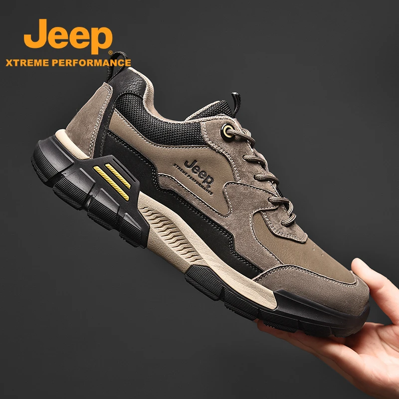 JEEP/吉普男式户外旅行野营时尚登山鞋真皮材耐磨防滑橡胶徒步鞋