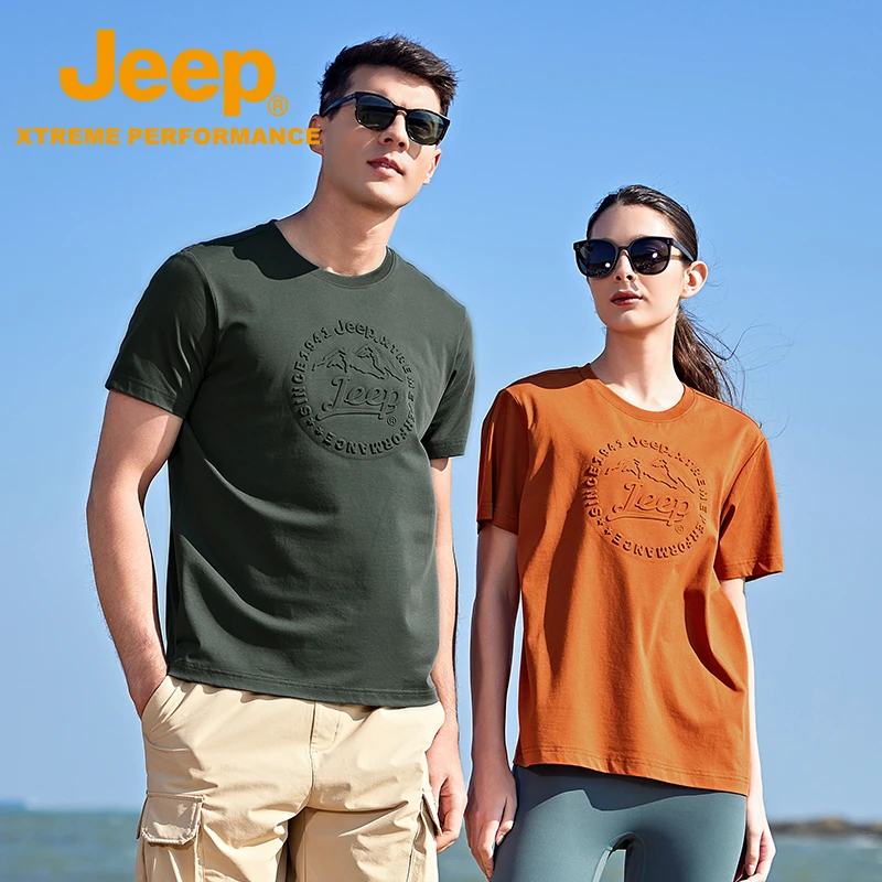 JEEP/吉普索罗娜凉感情侣短袖夏季户外运动透气印花宽松圆领T恤
