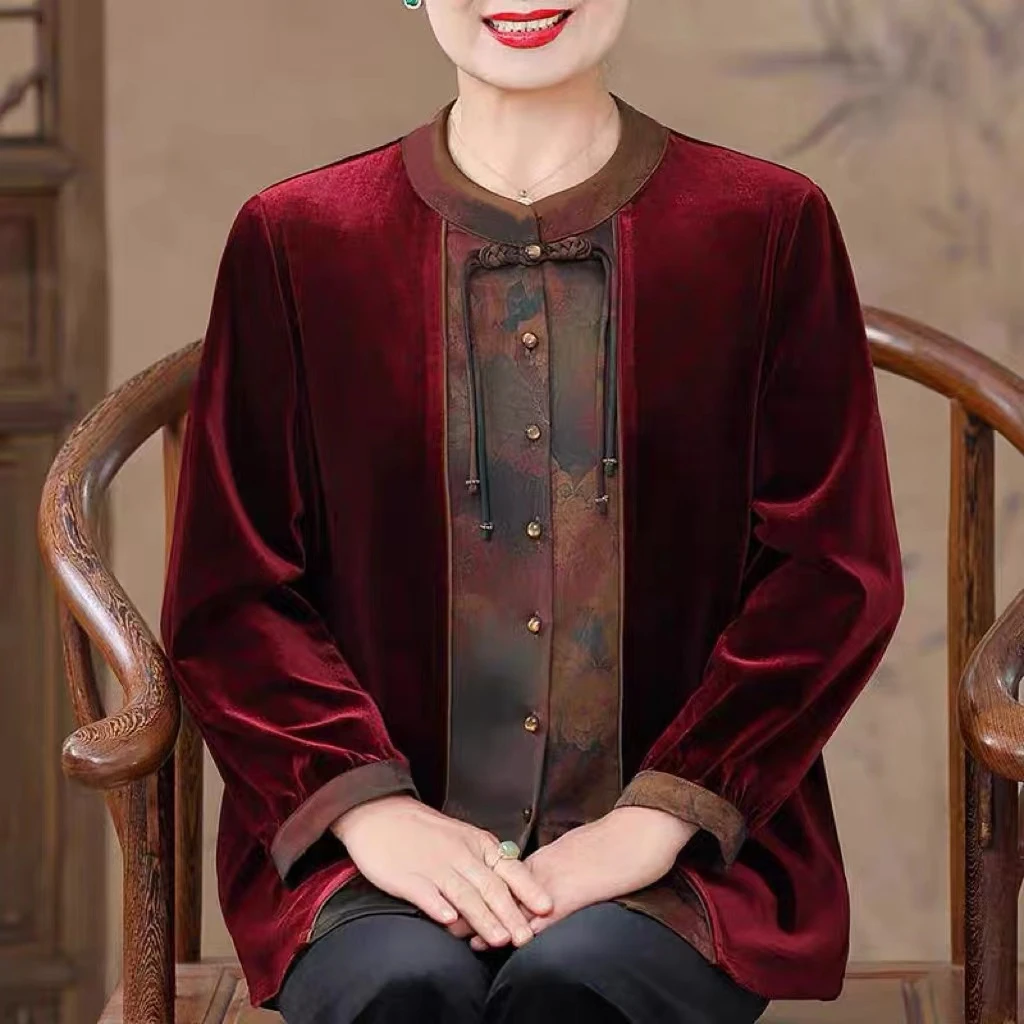 2025春季新款金丝绒中式开衫外套妈妈装春秋国风中老年气质衬衫
