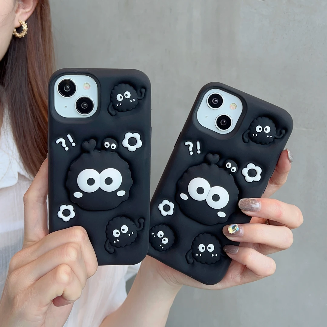 适用【苹果】黑煤球支架iPhone16可爱立体卡通15全包软硅胶13手机壳