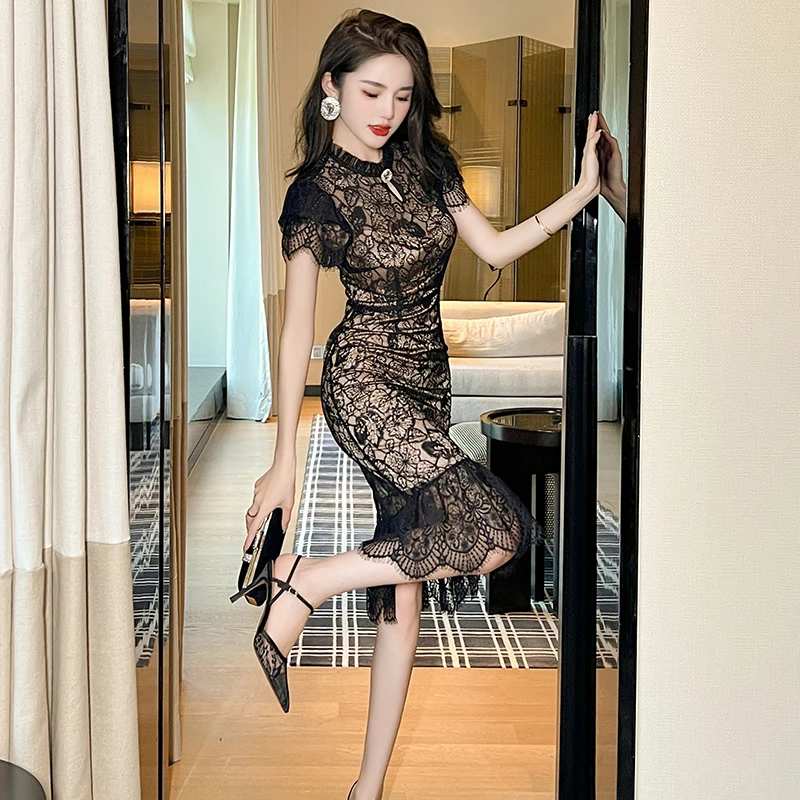 夏季新款气质蕾丝时尚黑色修身显瘦百搭贵气复古连衣裙 20628