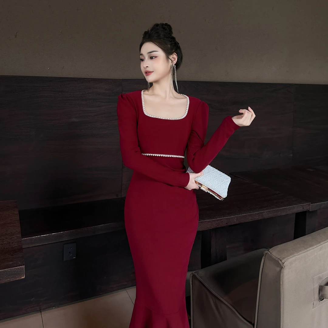 【冯艳定制】新款法式气质钉珠方领收腰显瘦鱼尾长袖连衣裙6017