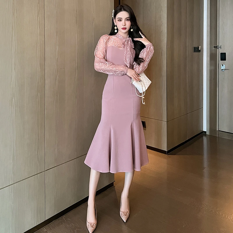 2025春装新款女淑女气质蕾丝拼接蝴蝶结系带修身鱼尾连衣裙20174