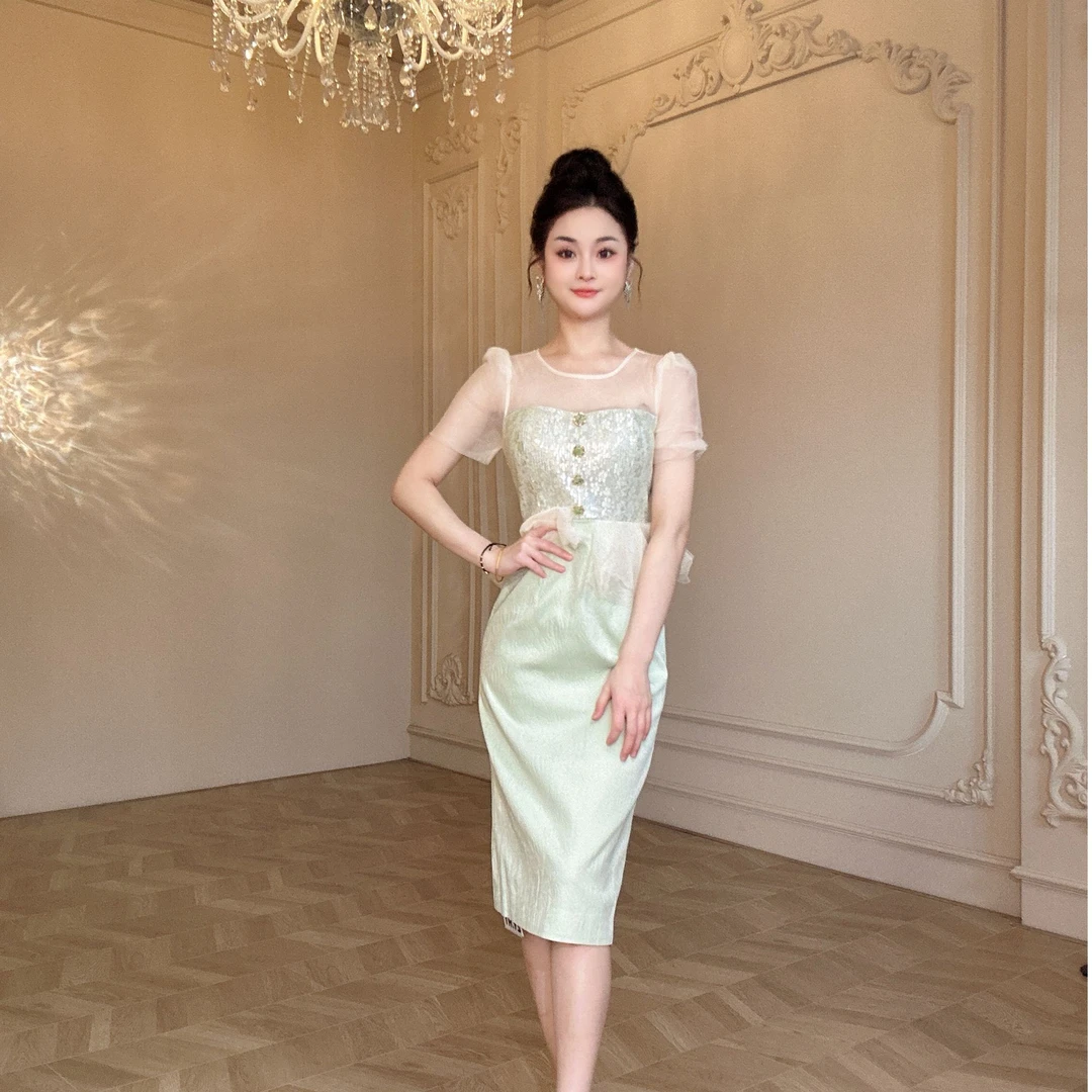 2024新款气质法式蕾丝气质修身宴会拼接连衣裙21179