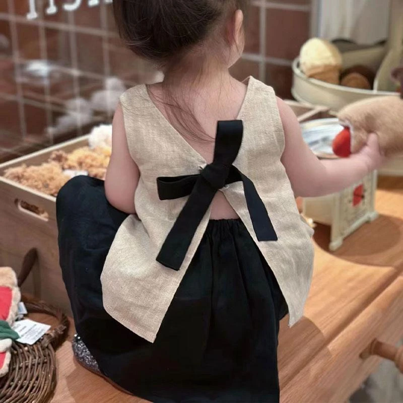 韩系童装女童棉麻背心夏季新款小众设计感后背开叉上衣简约半身裙