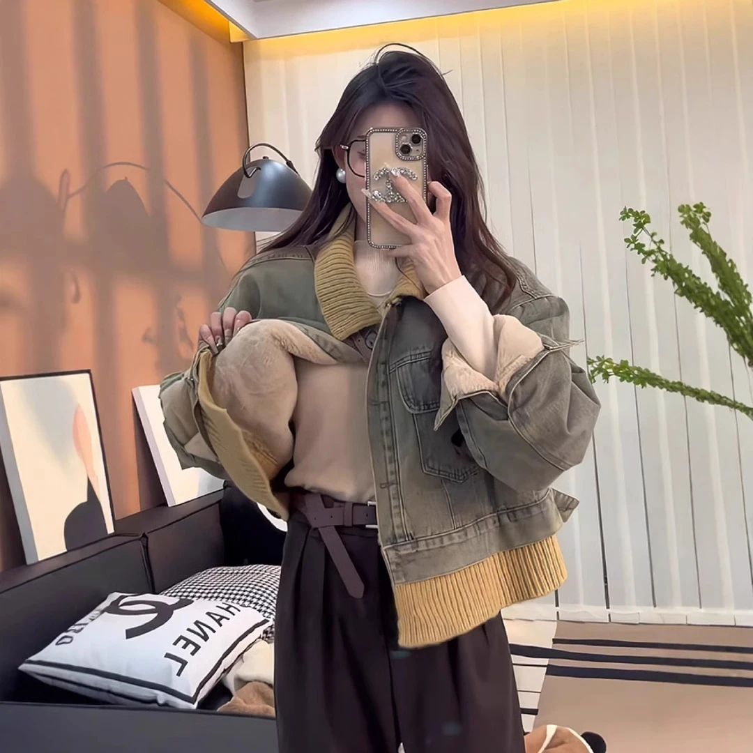 复古短款加绒加厚拼接牛仔外套女秋冬新款宽松设计感时尚上衣2088