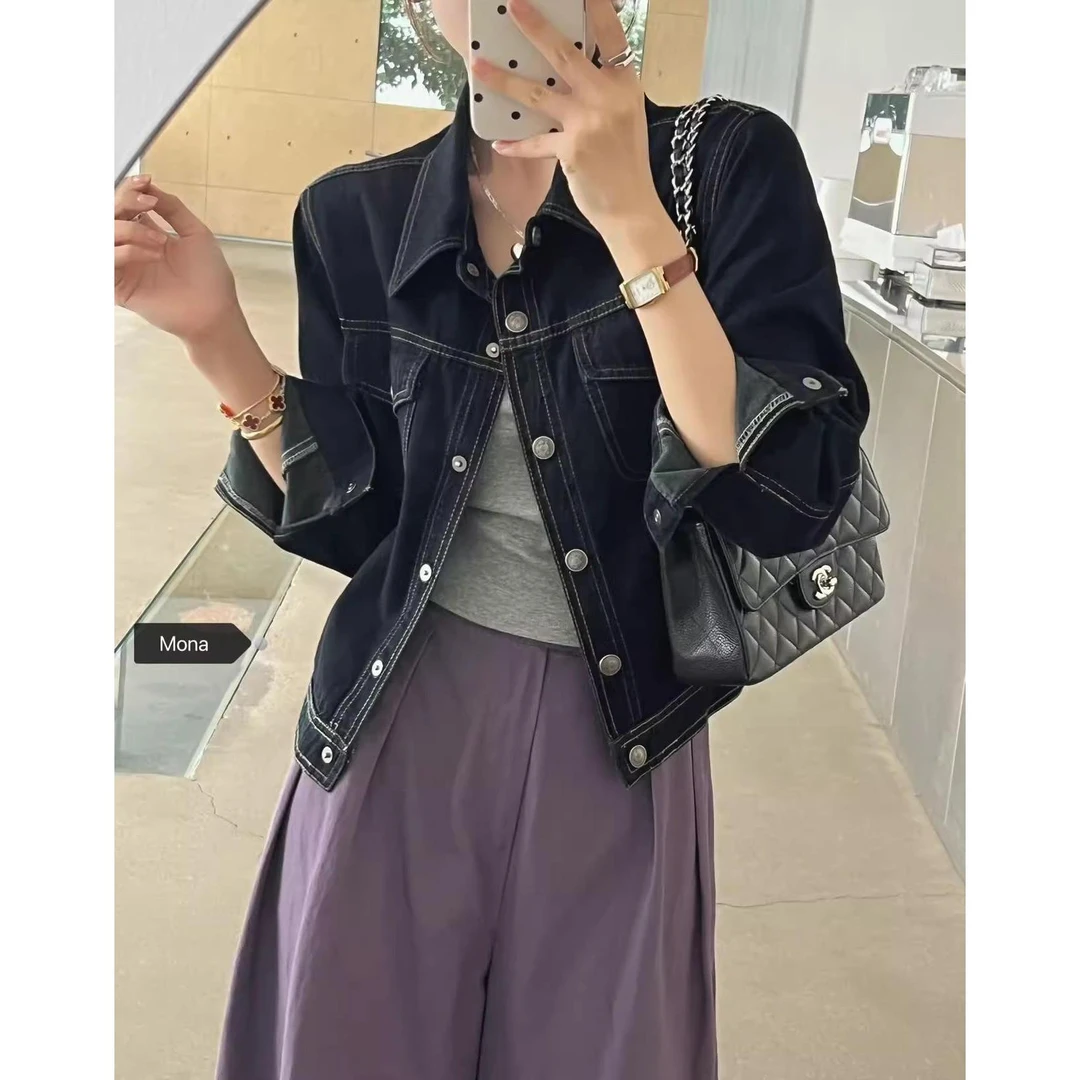 气质穿搭牛仔外套女2025春秋季新款韩系复古短款丹宁色长袖上衣