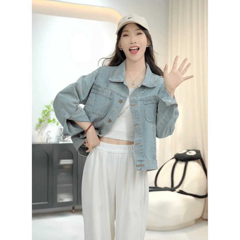 2025新款春秋韩系宽松夹克水洗短款上衣复古网红浅蓝色牛仔外套女