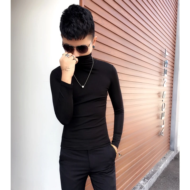 高领2024男士长袖t恤修身加绒纯色紧身上衣青年简约打底衫内搭T恤
