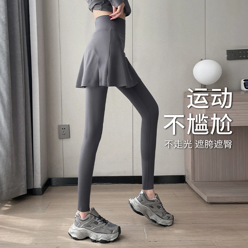 铅笔裤健身长裤鲨鱼裤女瑜伽裙裤紧身弹力打底裤假两件长裤防走光