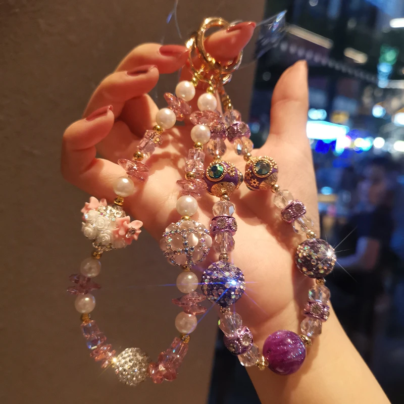 手机挂绳宝石满钻球水晶串珠手链女款风手腕手机挂饰夹片手机挂绳