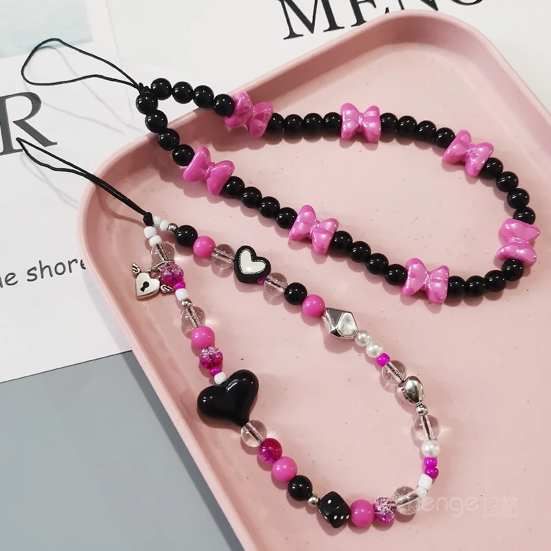 甜酷少女蝴蝶结手链女款手机挂链挂绳手工编织绳串珠链手腕挂饰