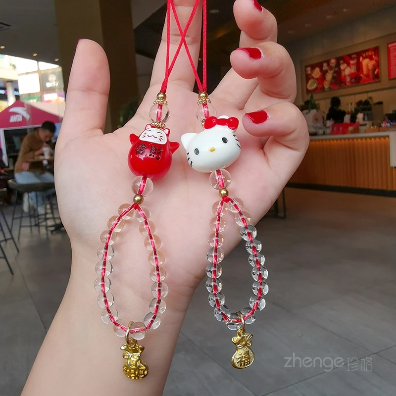卡通指环手机挂绳ins汽车钥匙小吊绳可爱猫猫头招财猫金福袋吊坠